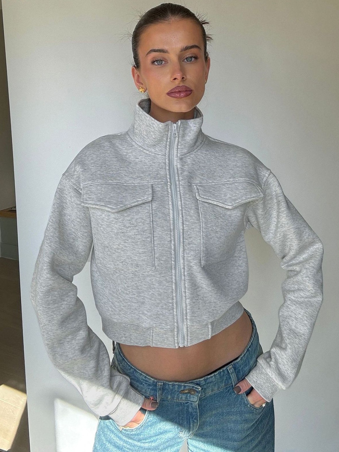 

StyleCast x Revolte Women Mock Collar Solid Casual Bomber Insulator Jacket, Grey