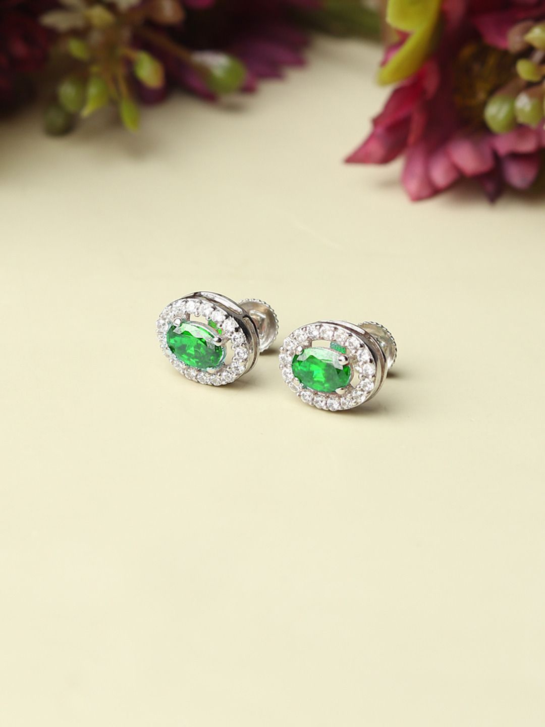 

AKSHAT SAPPHIRE 925 Sterling Silver Cubic Zirconia Rhodium-Plated Oval Shape Studs