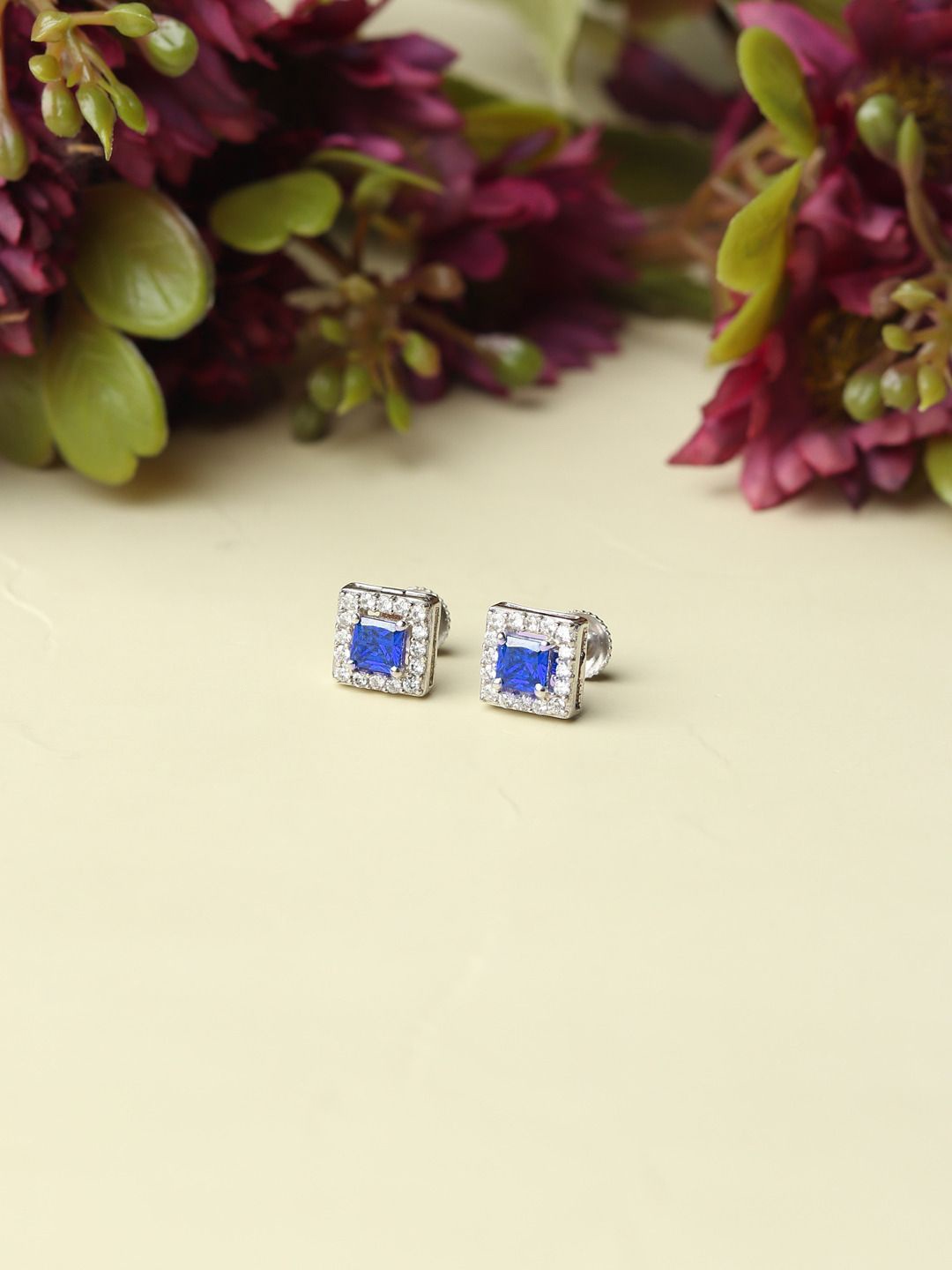 

AKSHAT SAPPHIRE 925 Sterling Silver Rhodium-Plated CZ Studded Square Studs Earrings