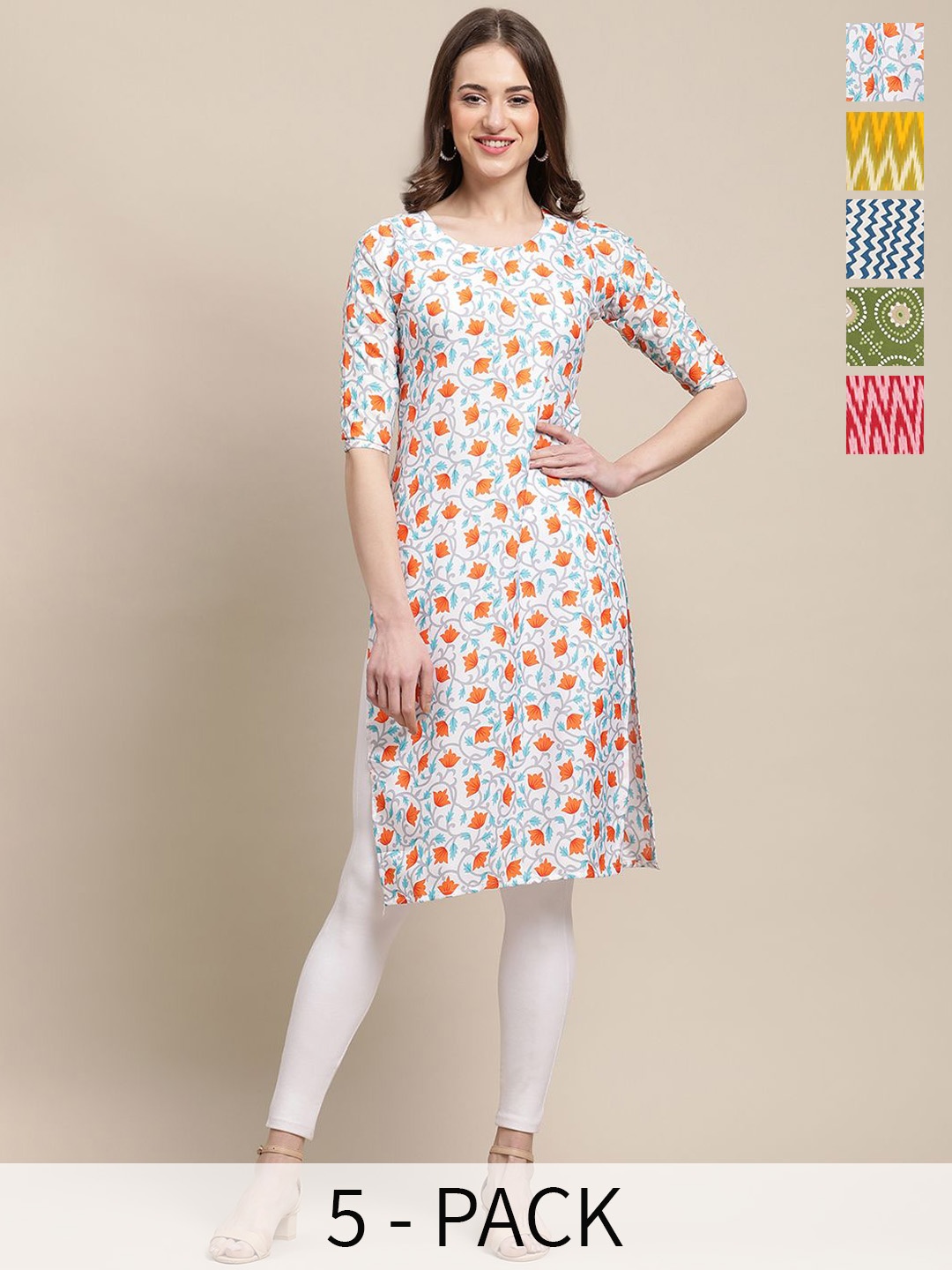 

7Threads Selection Of 5 Floral Printed Round Neck Straight Kurta, White