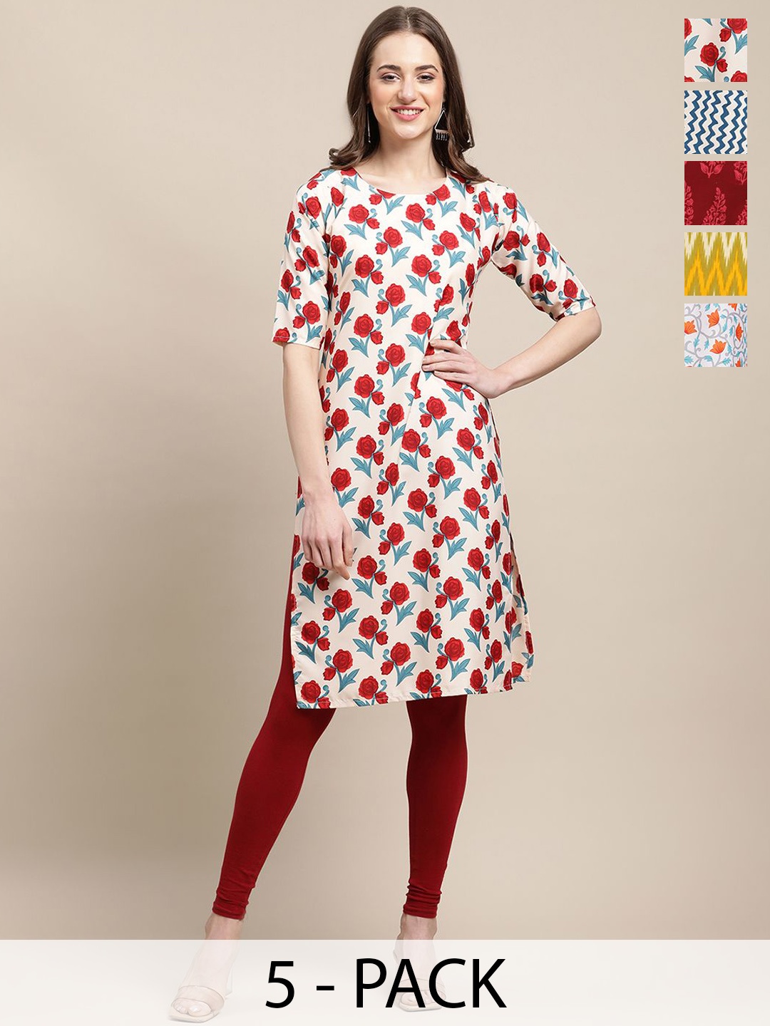 

7Threads Selection of 5 Floral Printed Crepe Straight Kurta, Red