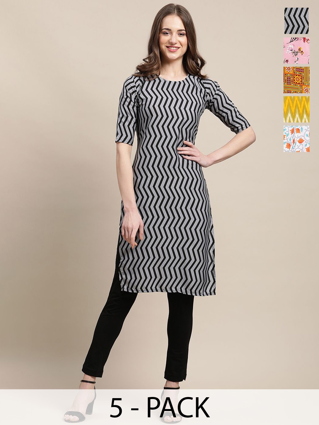 

7Threads Pack Of 5 Ethnic Motifs Printed Round Neck Straight Crepe Kurta, Grey