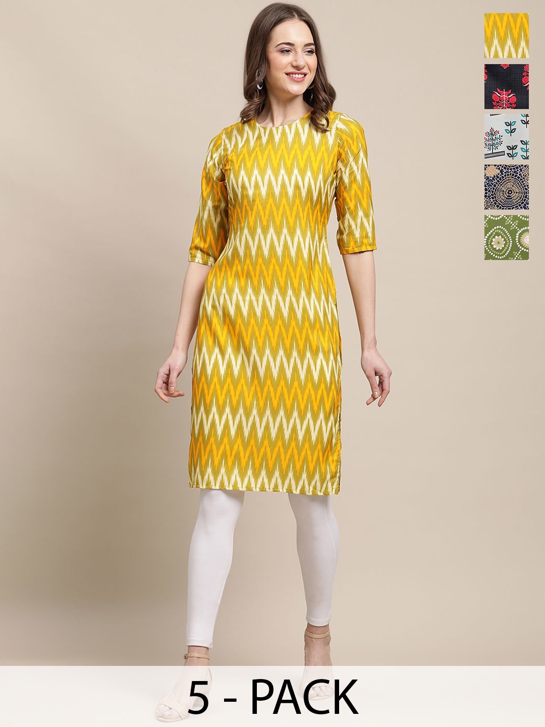 

7Threads Selections Of 5 Geometric Printed Straight Kurtas, Yellow
