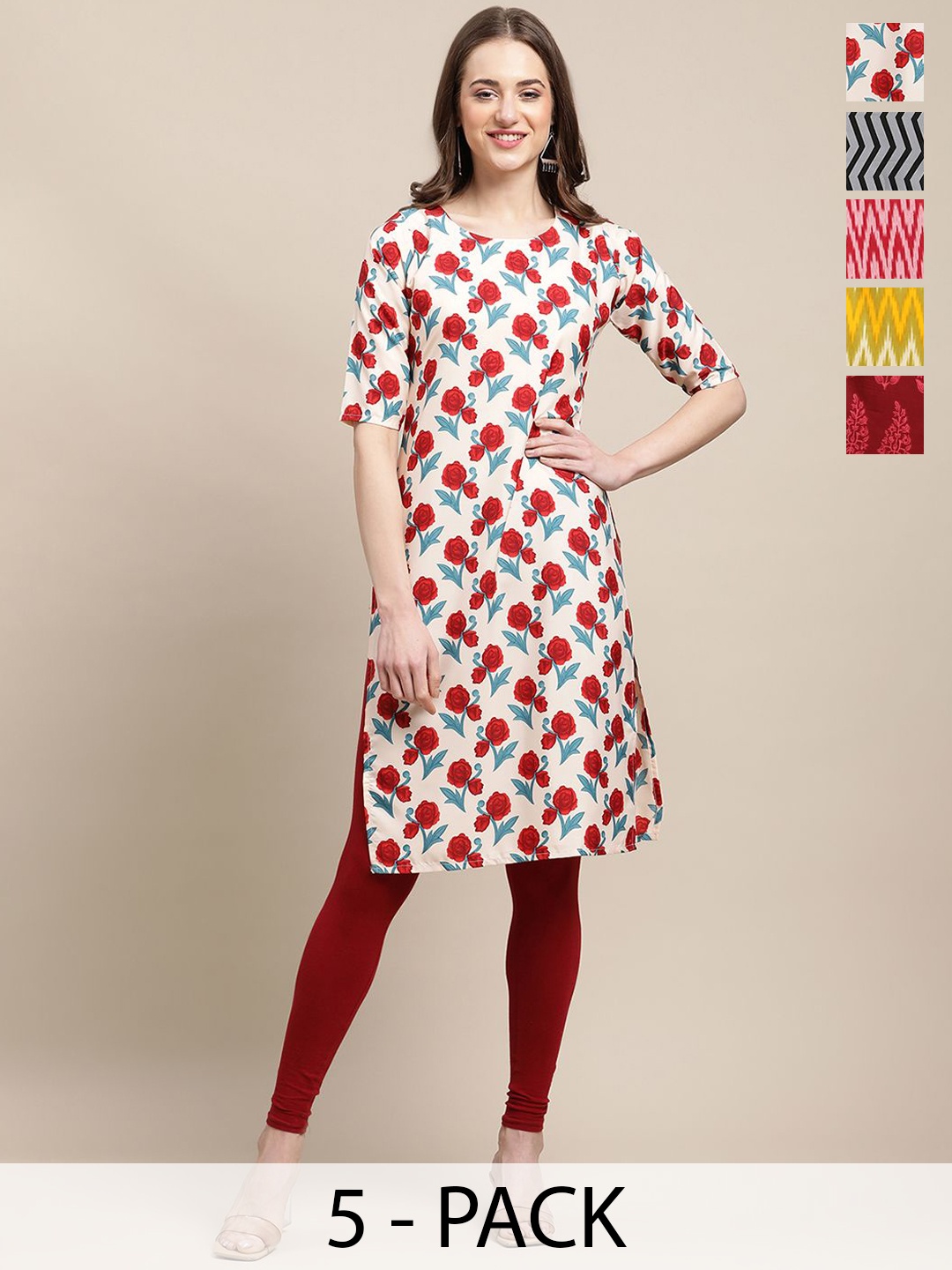 

7Threads Selection Of 5 Ethnic Motifs Printed Straight Kurtas, Red