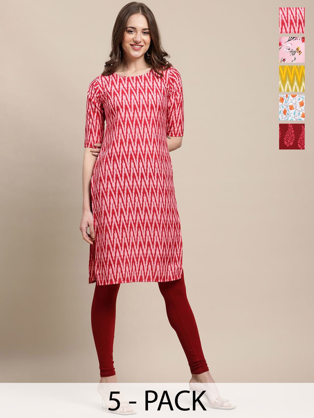 

7Threads Selection Of 5 Chevron Printed Round Neck Regular Sleeves Straight Kurtas, Red