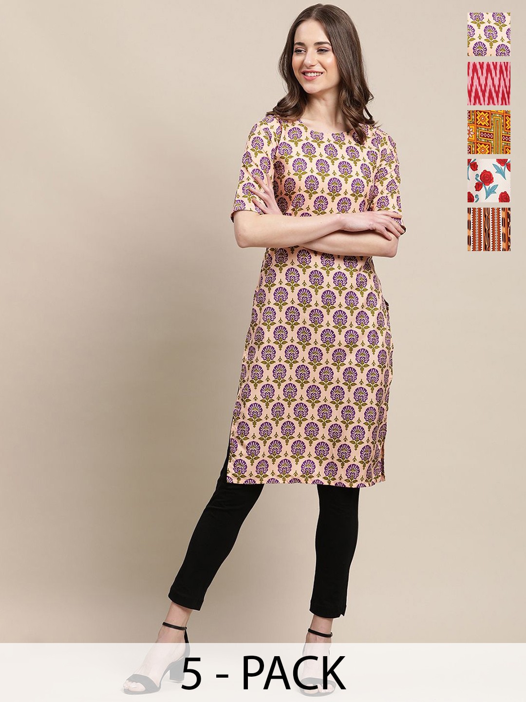 

7Threads Selection Of 5 Ethnic Motifs Printed Straight Kurtas, Peach