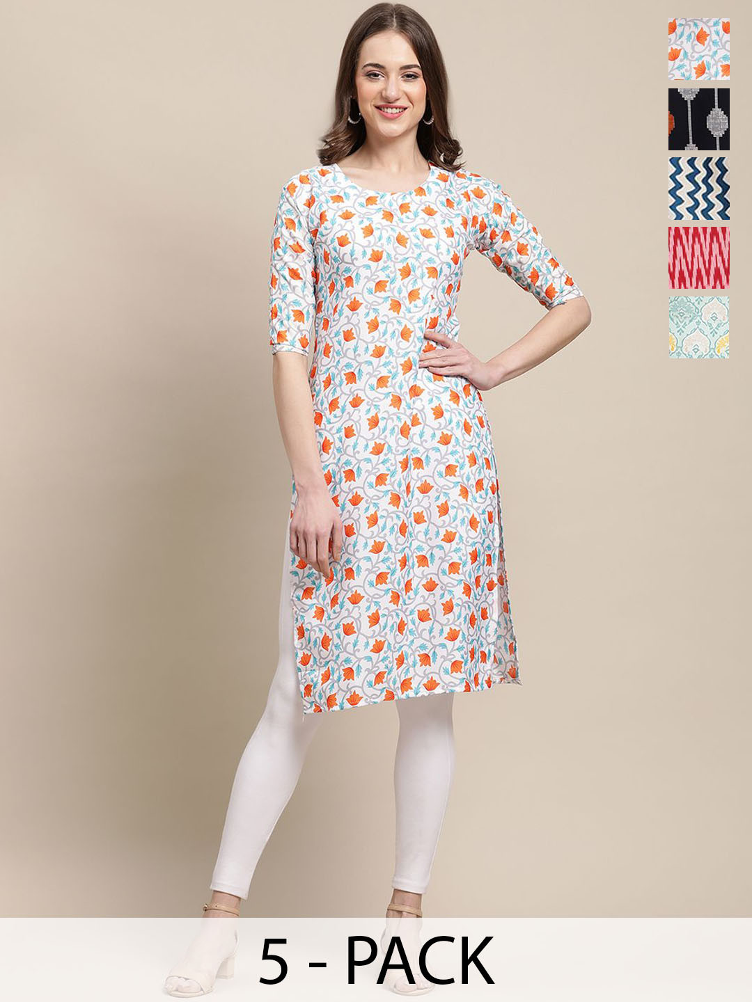 

7Threads Selection Of 5 Ethnic Motifs Printed Round Neck Kurtas, Red
