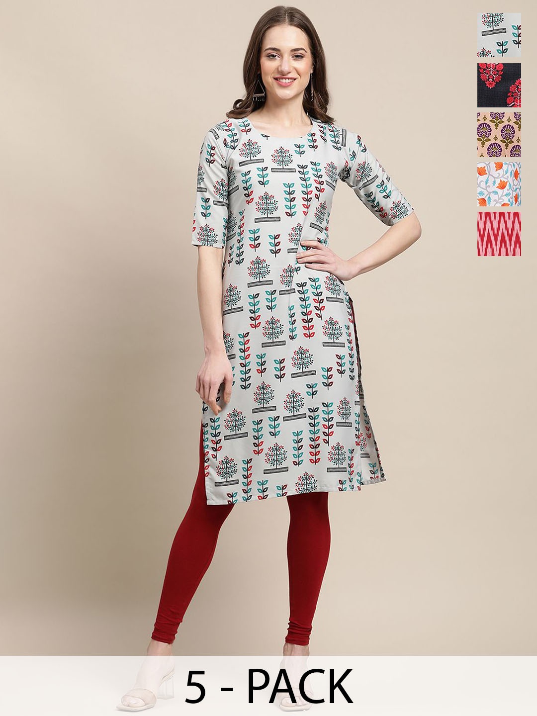 

7Threads Pack Of 5 Floral Printed Round Neck Straight Kurta, Grey
