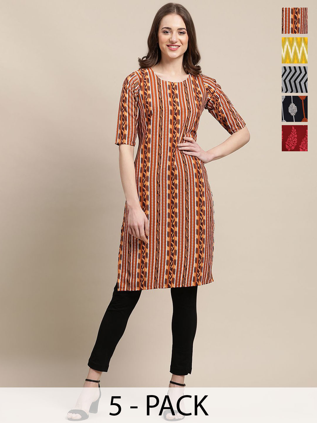 

7Threads Pack of 5 Ethnic Motifs Printed Round Neck Kurtas, Red