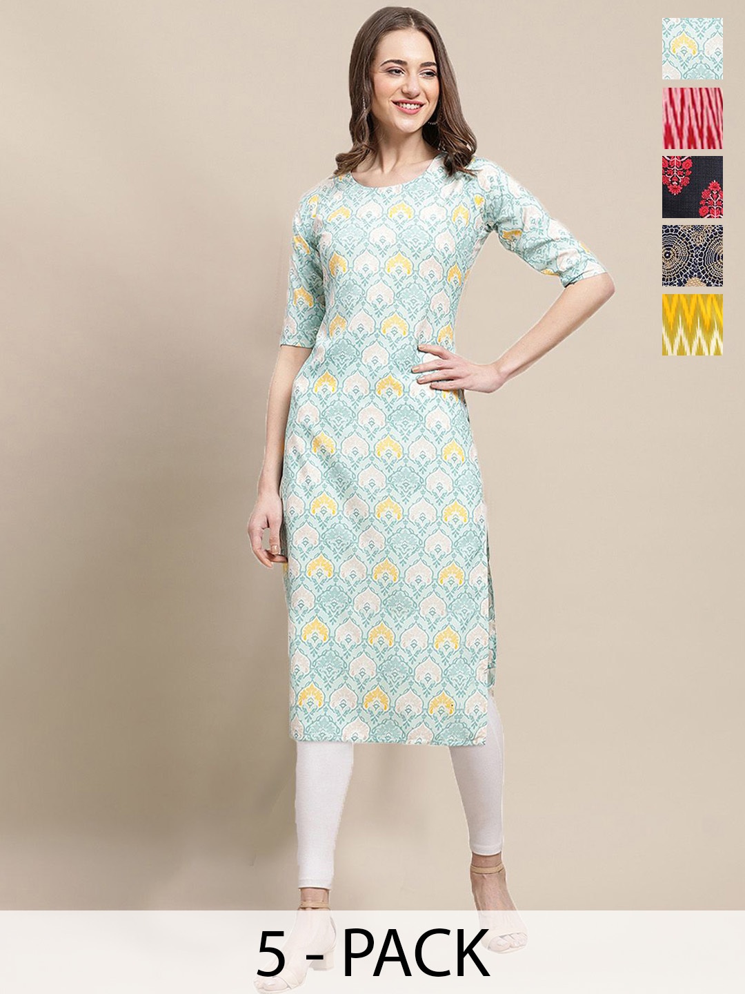

7Threads Selection Of 5 Ethnic Motifs Printed Straight Kurtas, Blue