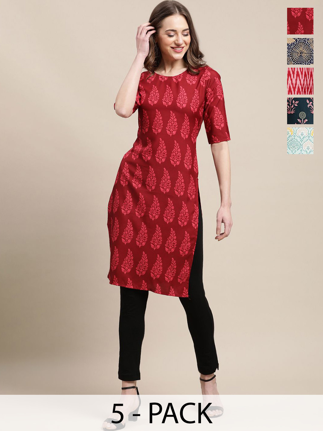 

7Threads Selections Of 5 Ethnic Motifs Printed Straight Kurtas, Maroon
