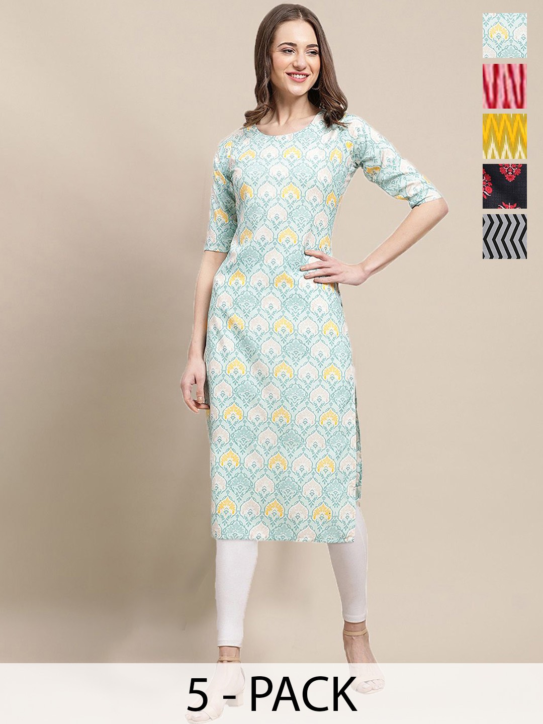 

7Threads Selection Of 5 Ethnic Motifs Printed Round Neck Crepe Straight Kurta, Blue