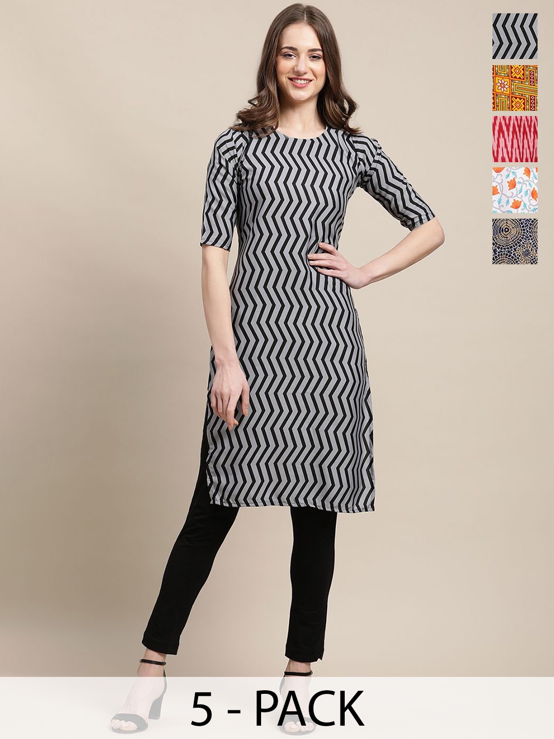 

7Threads Selection Of 5 Ethnic Motifs Printed Straight Kurtas, Grey