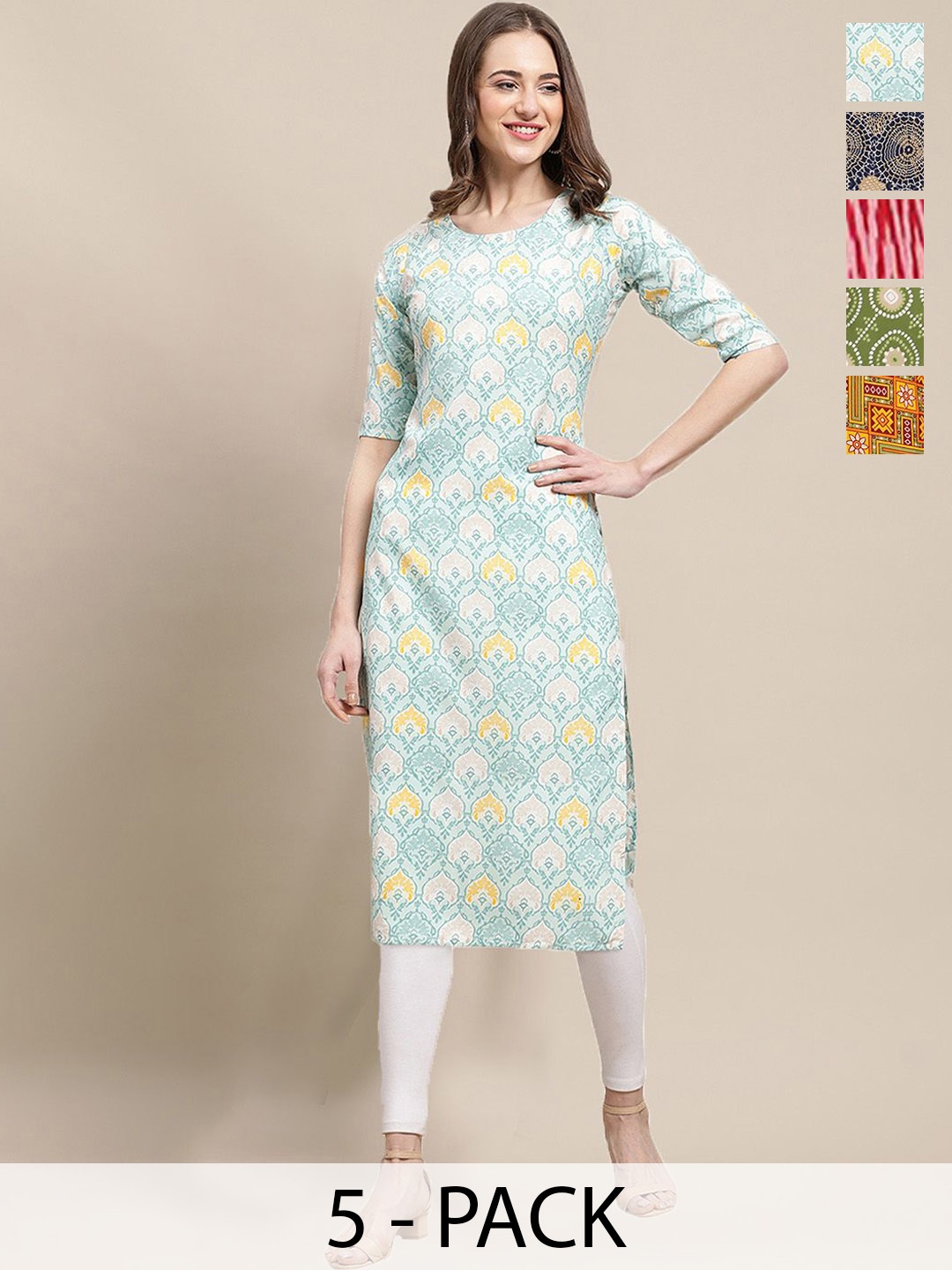 

7Threads Selection Of 5 Ethnic Motifs Printed Straight Kurtas, Yellow