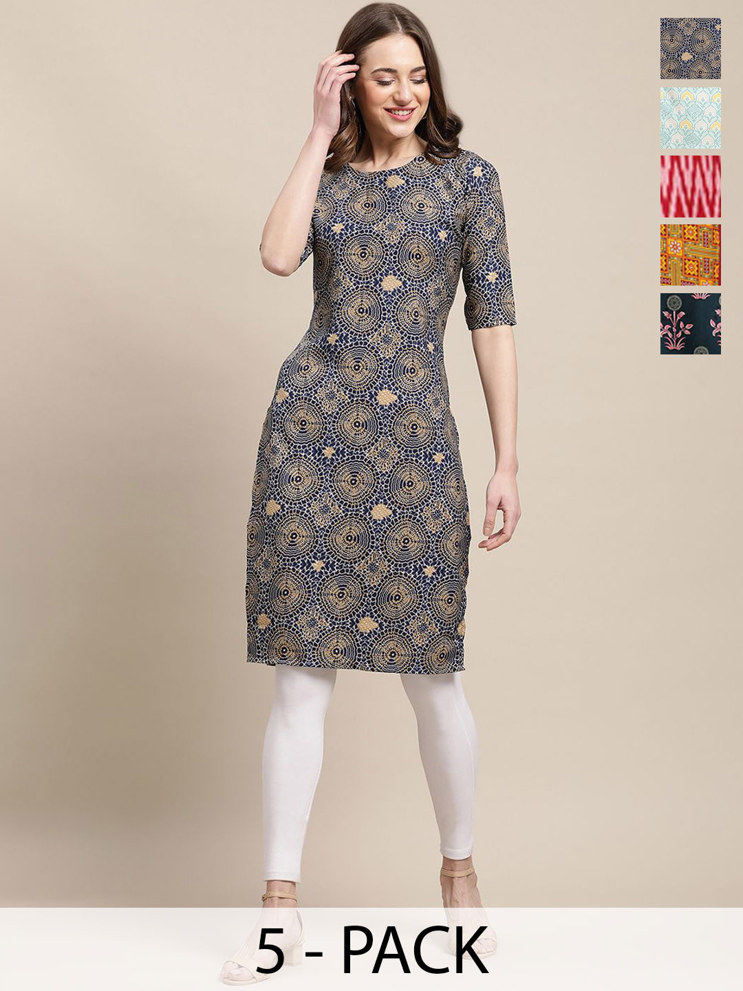 

7Threads Selection Of 5 Ethnic Motifs Printed Straight Kurta, Blue