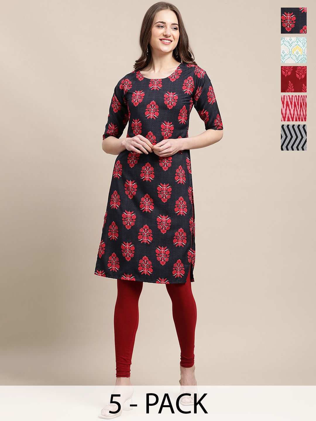 

7Threads Selection Of 5 Ethnic Motifs Printed Straight Kurtas, Black