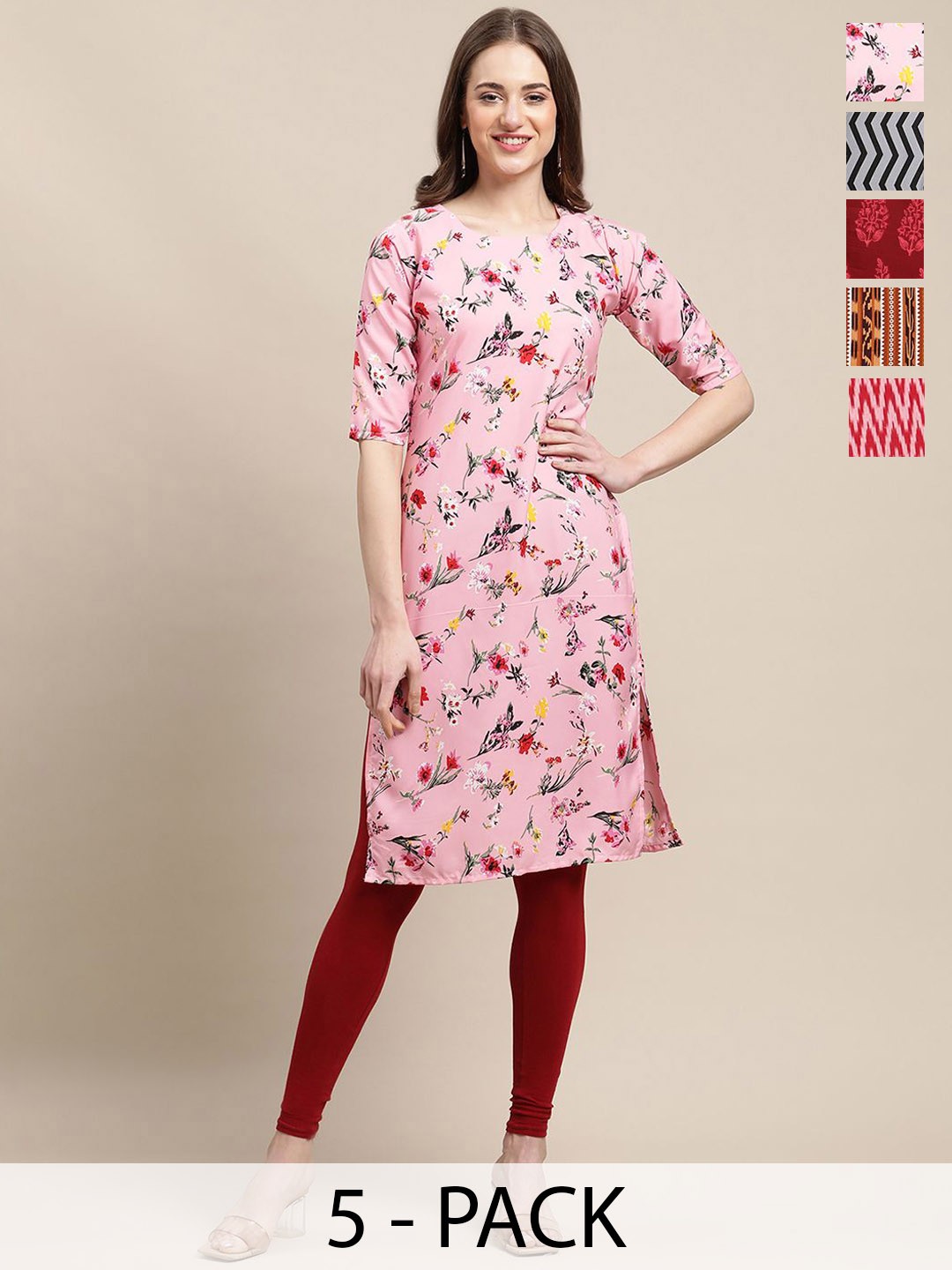 

7Threads Selection Of 5 Ethnic Motifs Printed Straight Crepe Kurta, Pink