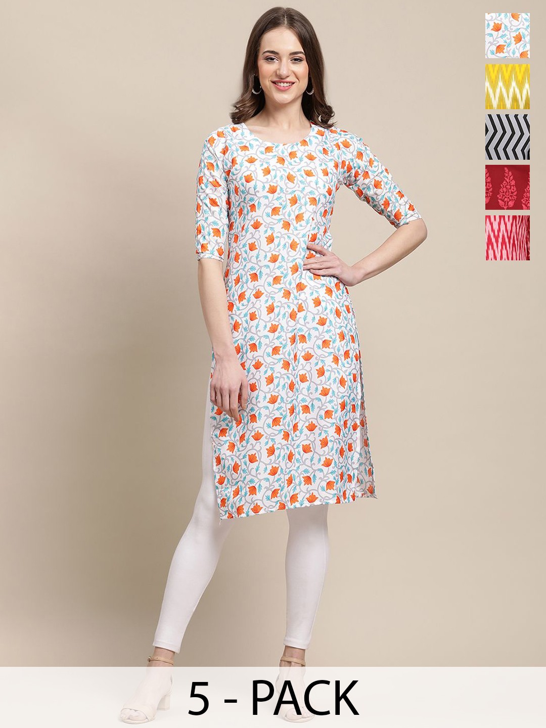 

7Threads Selection Of 5 Floral Printed Straight Kurta, White
