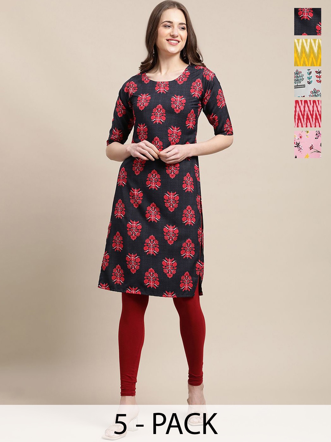 

7Threads Selection Of 5 Floral Printed Round Neck Straight Kurtas, Black