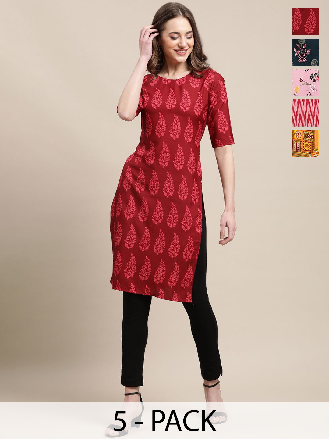 

7Threads Selection Of 5 Floral Printed Round Neck Straight Kurtas, Red