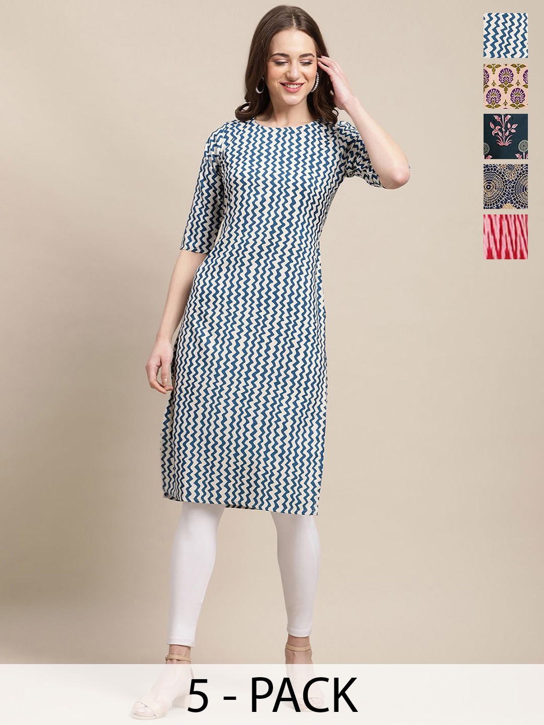 

7Threads Selection Of 5 Chevron Printed Round Neck Straight Kurtas, Blue