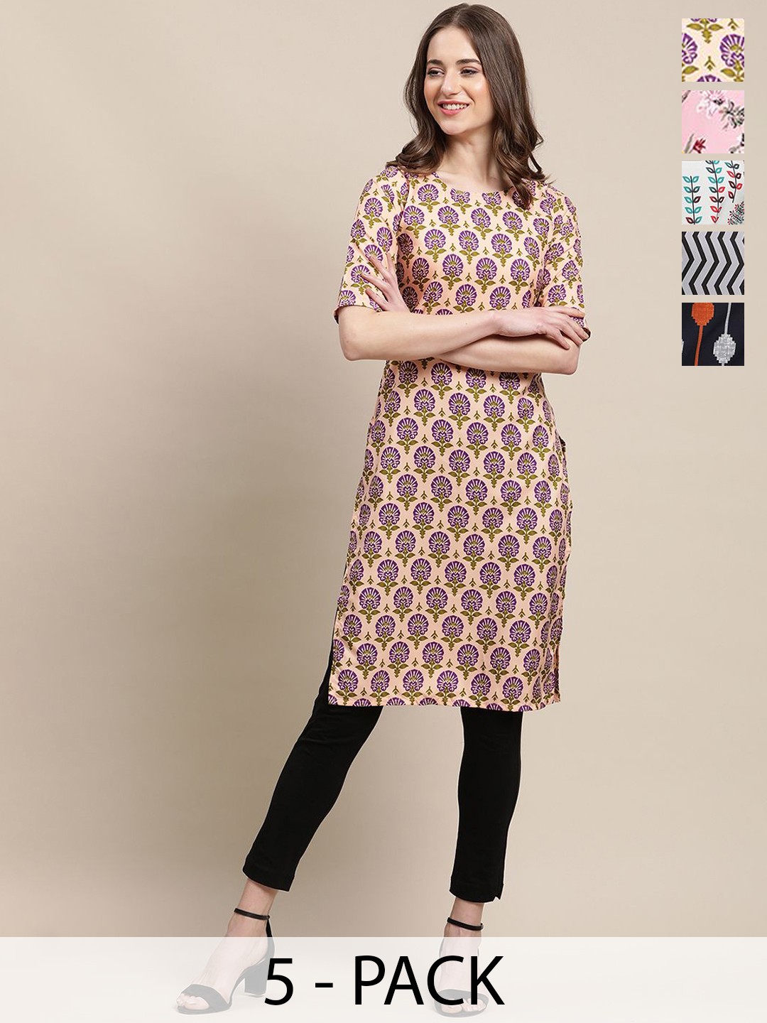 

7Threads Set Of 5 Ethnic Motifs Printed Round Neck Machine Weave Straight Kurta, Purple