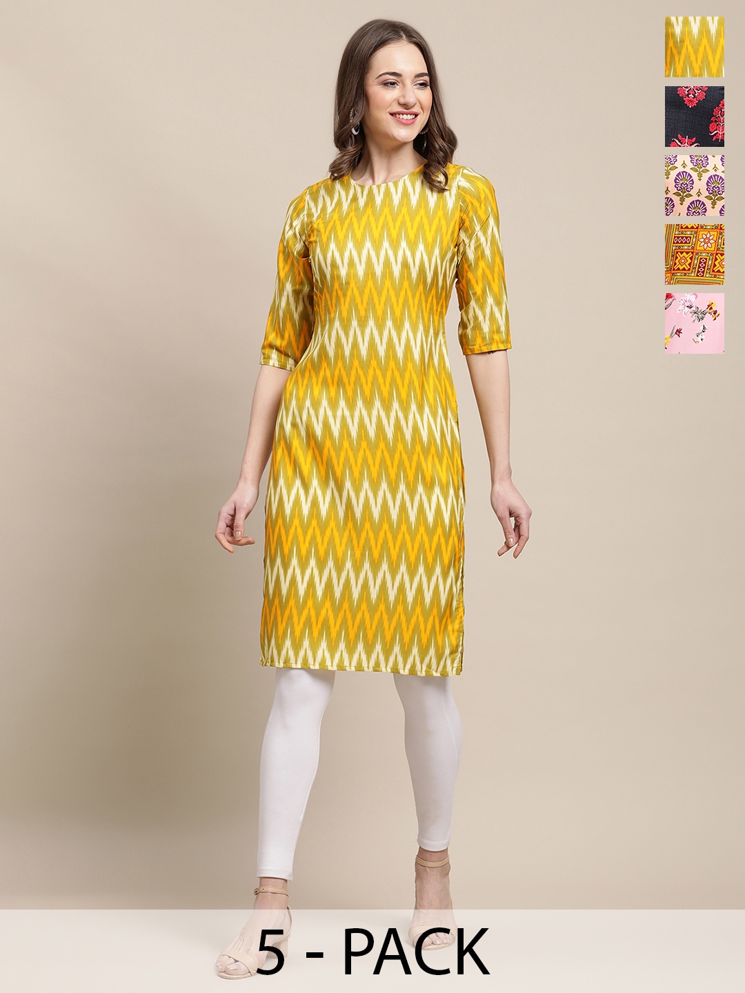 

7Threads Selection Of 5 Geometrical Print Straight Kurtas, Yellow