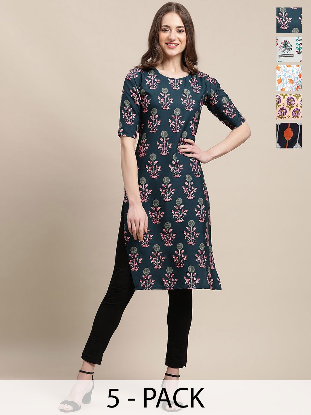 

7Threads Selections Of 5 Ethnic Motifs Printed Straight Kurtas, Blue