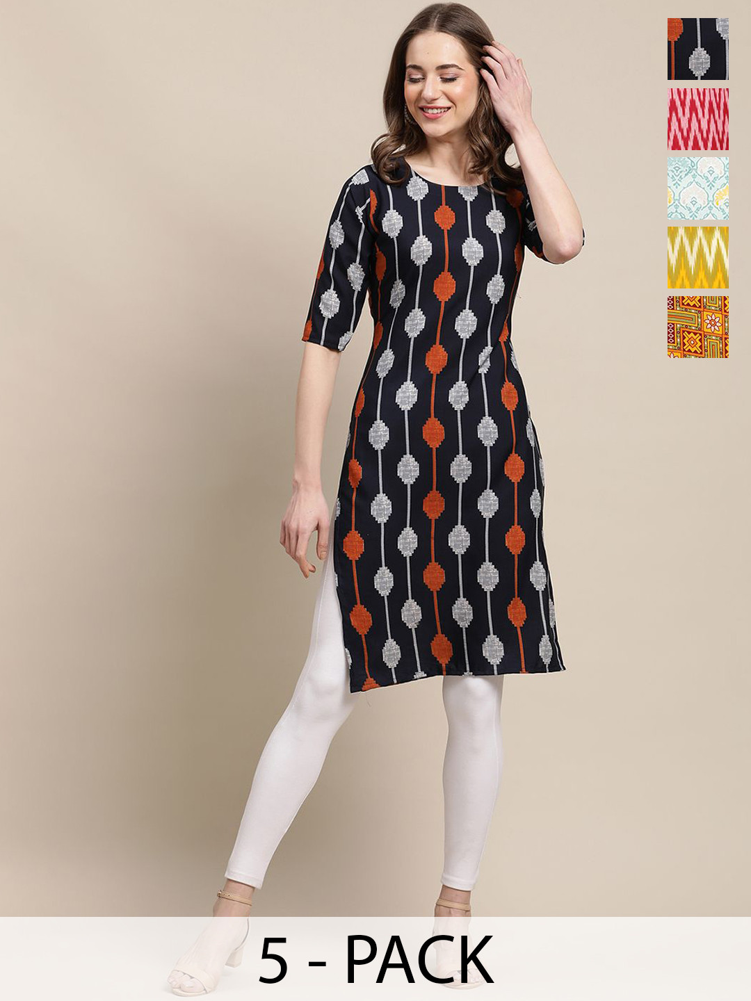 

7Threads Selection Of 5 Ethnic Motifs Printed Straight Kurta, Black