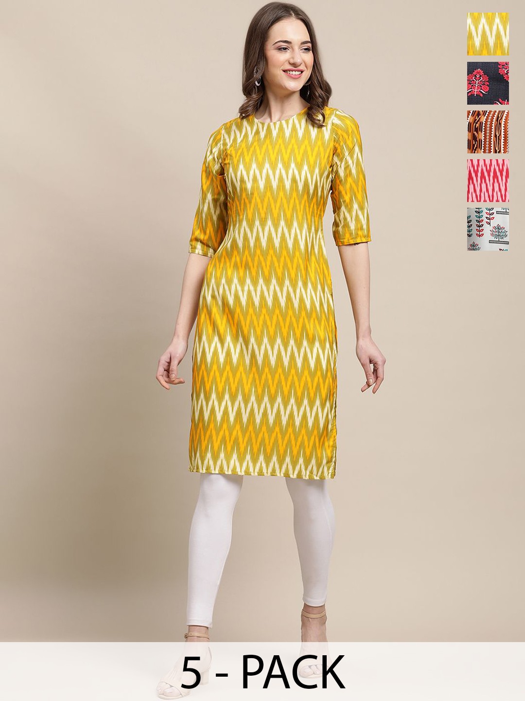 

7Threads Selections Of 5 Ethnic Motifs Printed Straight Kurtas, Yellow