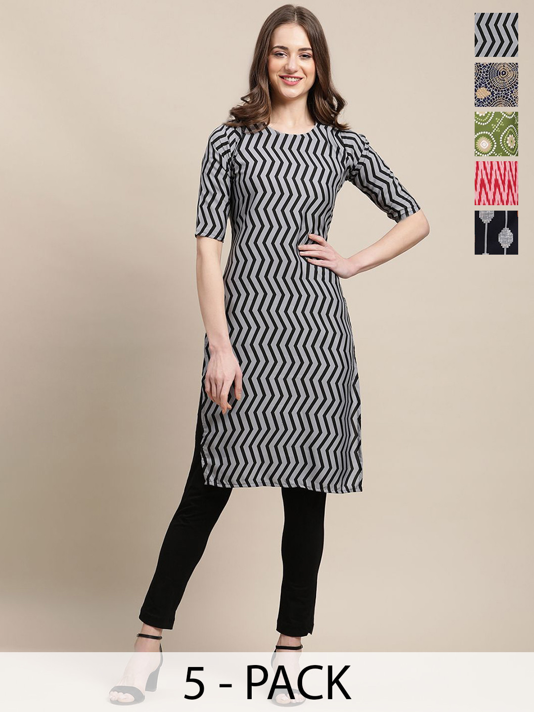 

7Threads Selection Of 5 Geometric Printed Round Neck Kurtas, Black