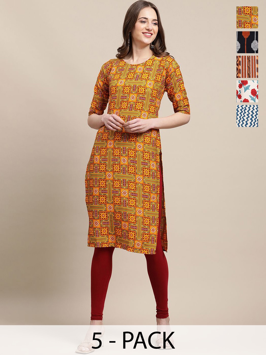 

7Threads Selection of 5 Geometric Printed Round Neck Kurtas, Yellow