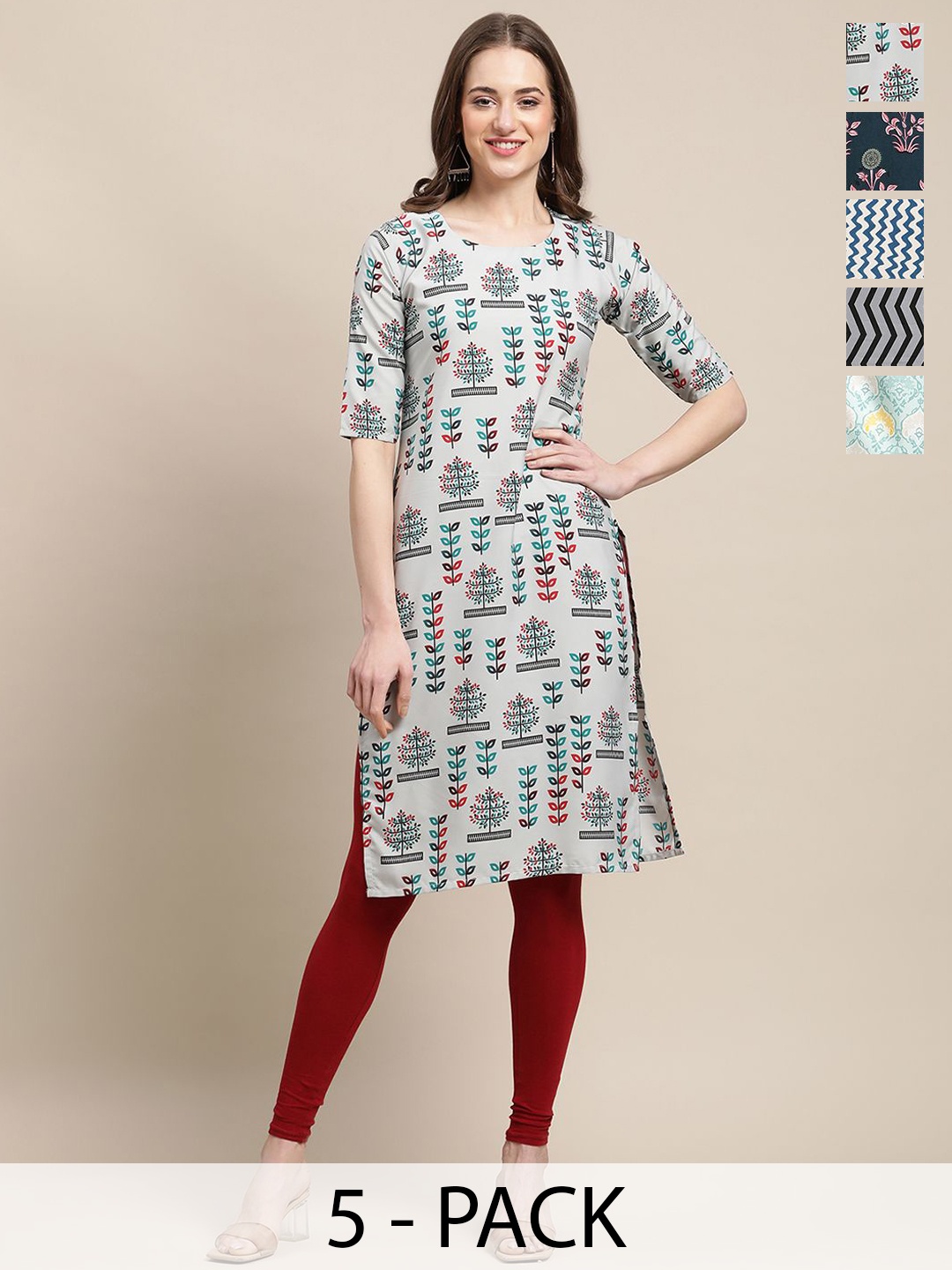 

7Threads Selection Of 5 Ethnic Motifs & Chevron Printed Crepe Straight Kurtas, Grey