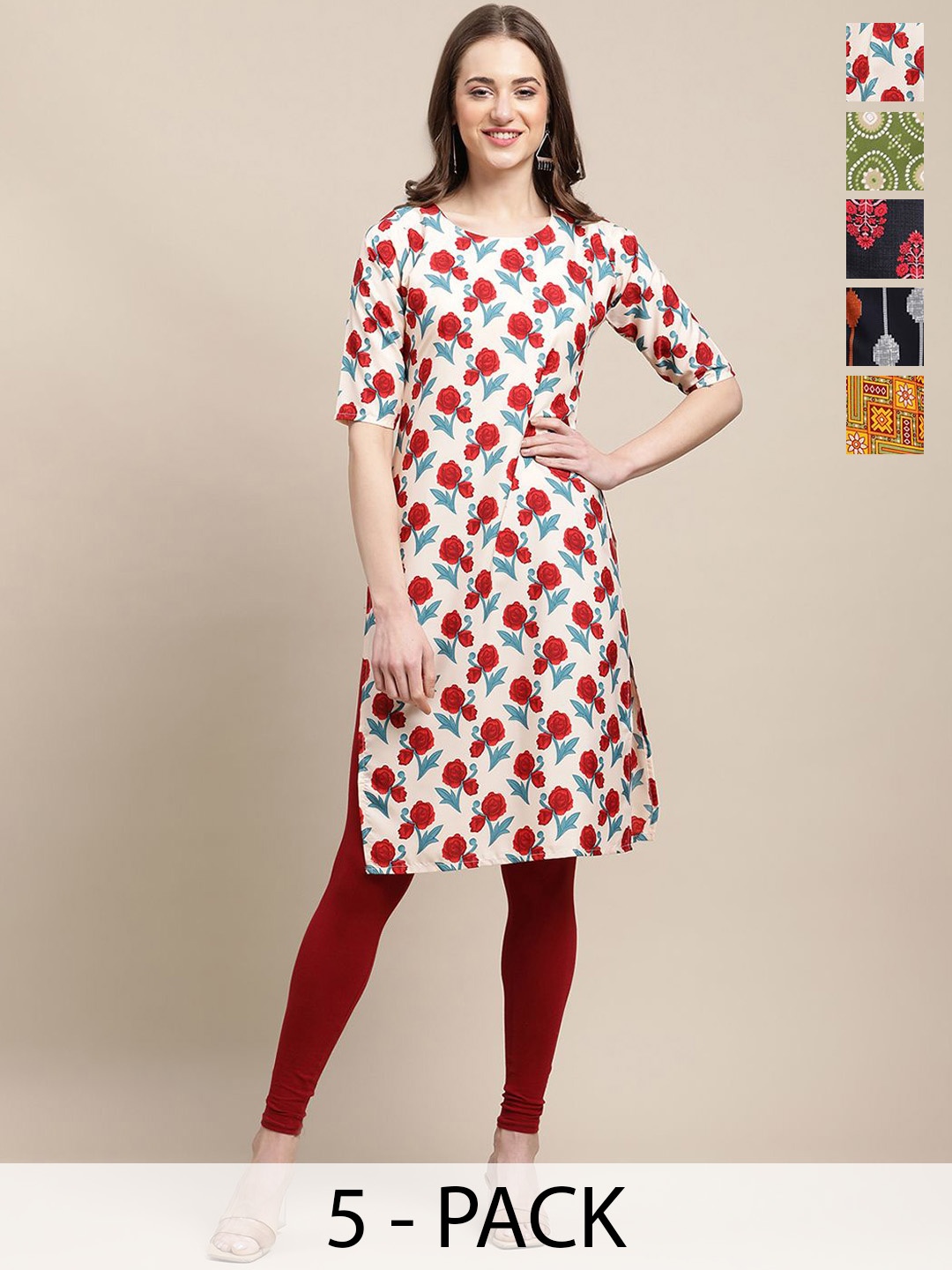 

7Threads Selection Of 5 Floral Printed Round Neck Crepe Straight Kurta, Red