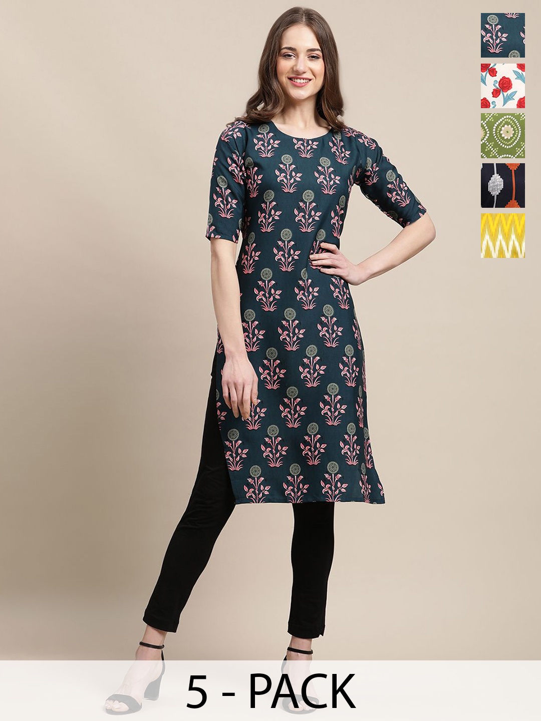 

7Threads Selection of 5 Floral Printed Crepe Straight Kurta, Teal