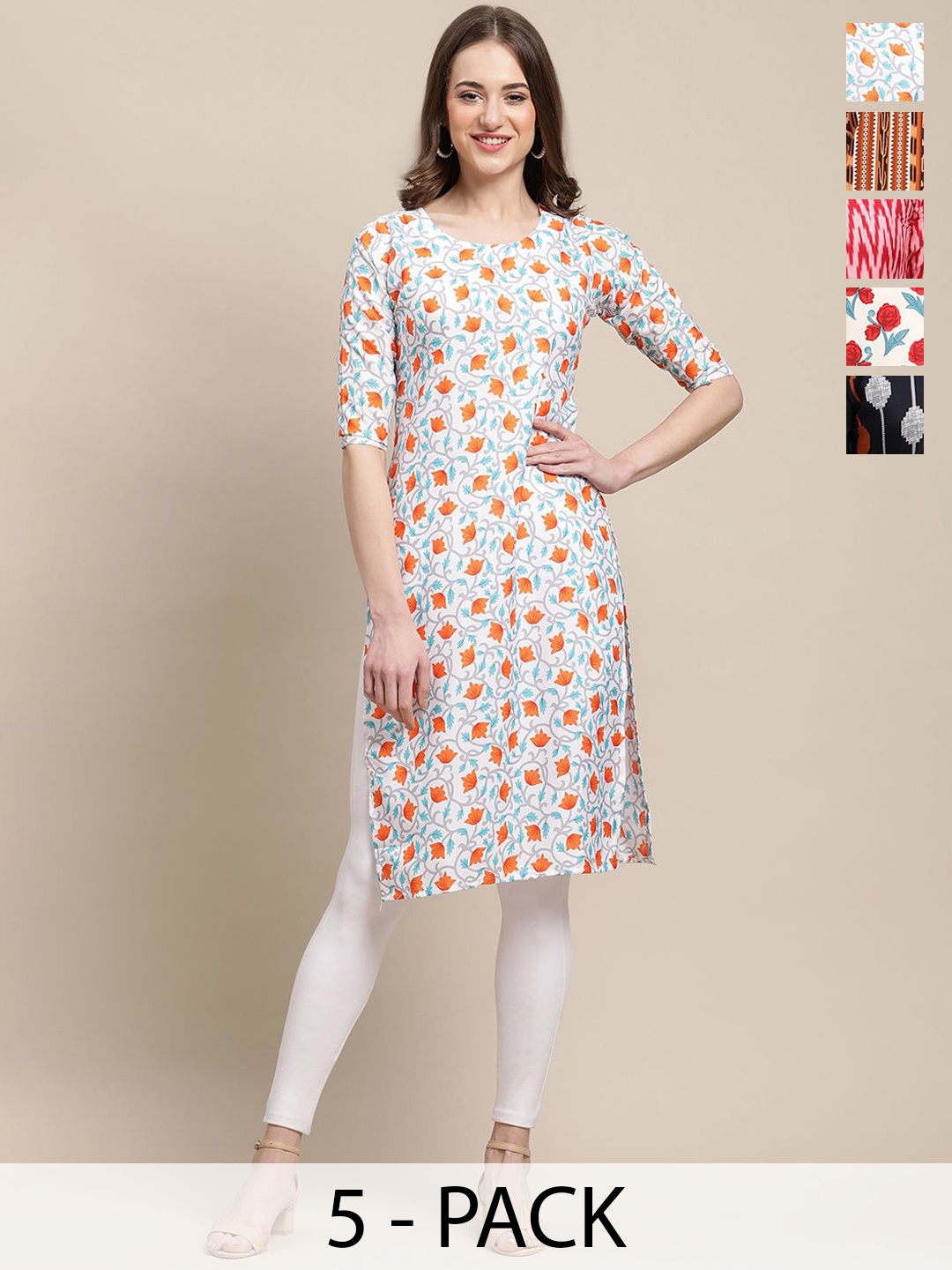 

7Threads Selection Of 5 Ethnic Motifs Printed Straight Crepe Kurta, Brown