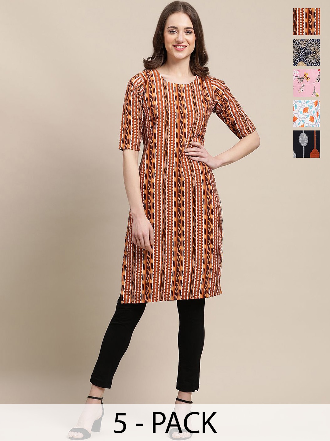 7Threads Selection of 5 Geometric Printed Crepe Straight Kurta, Brown