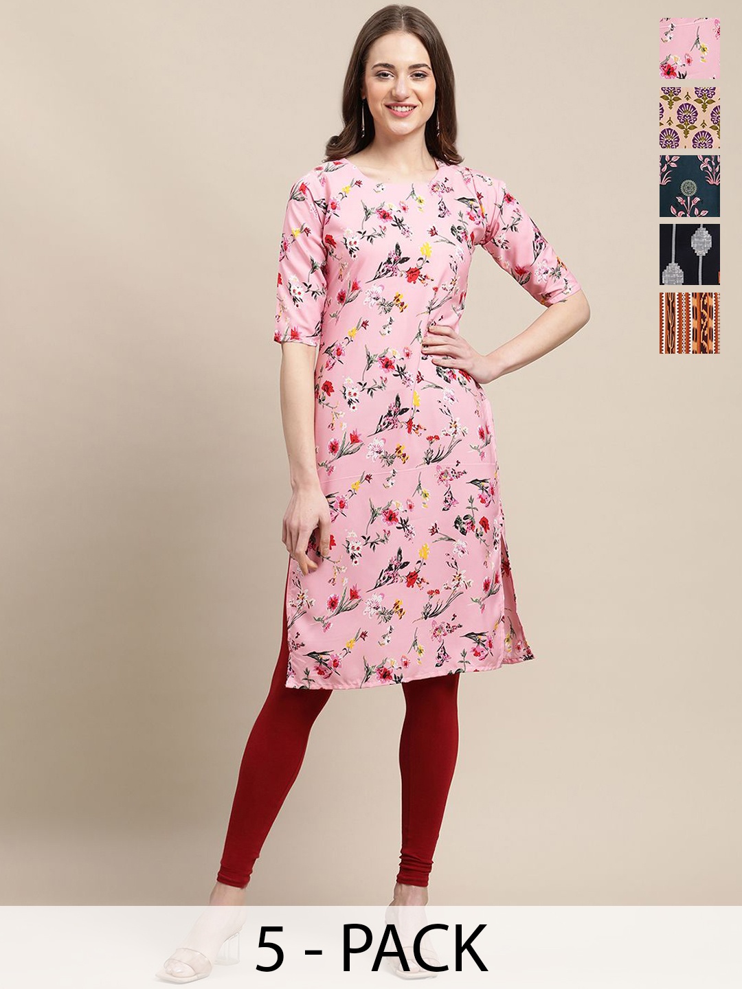

7Threads Selection Of 5 Floral Printed Straight Kurta, Pink