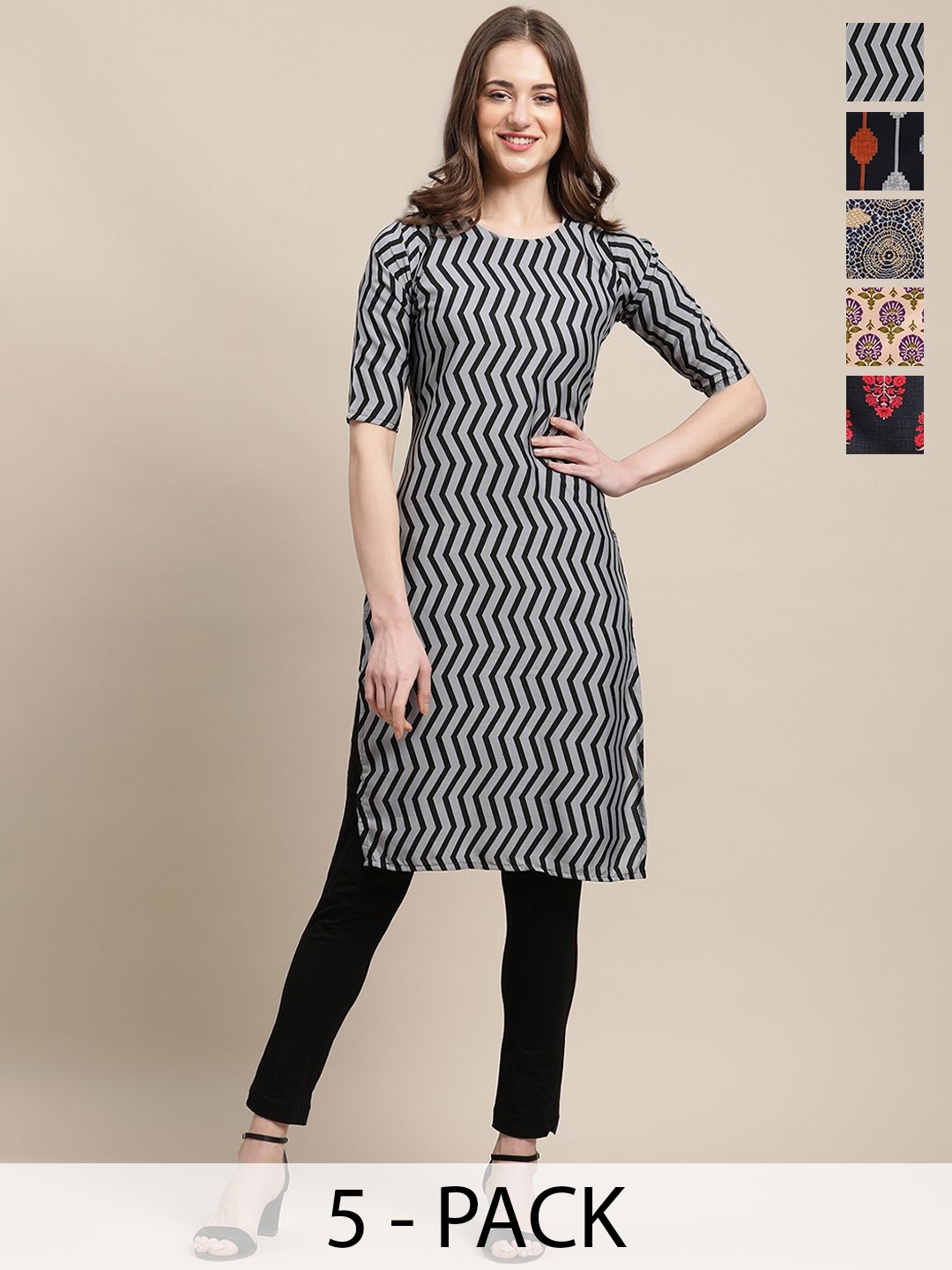

7Threads Selection Of 5 Chevron Printed Straight Kurta, Grey