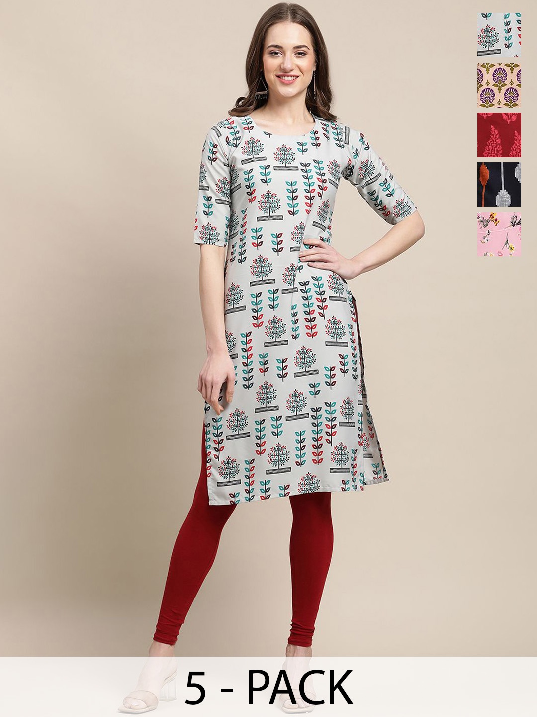 

7Threads Selection Of 5 Ethnic Motifs Printed Round Neck Crepe Straight Kurta, Grey