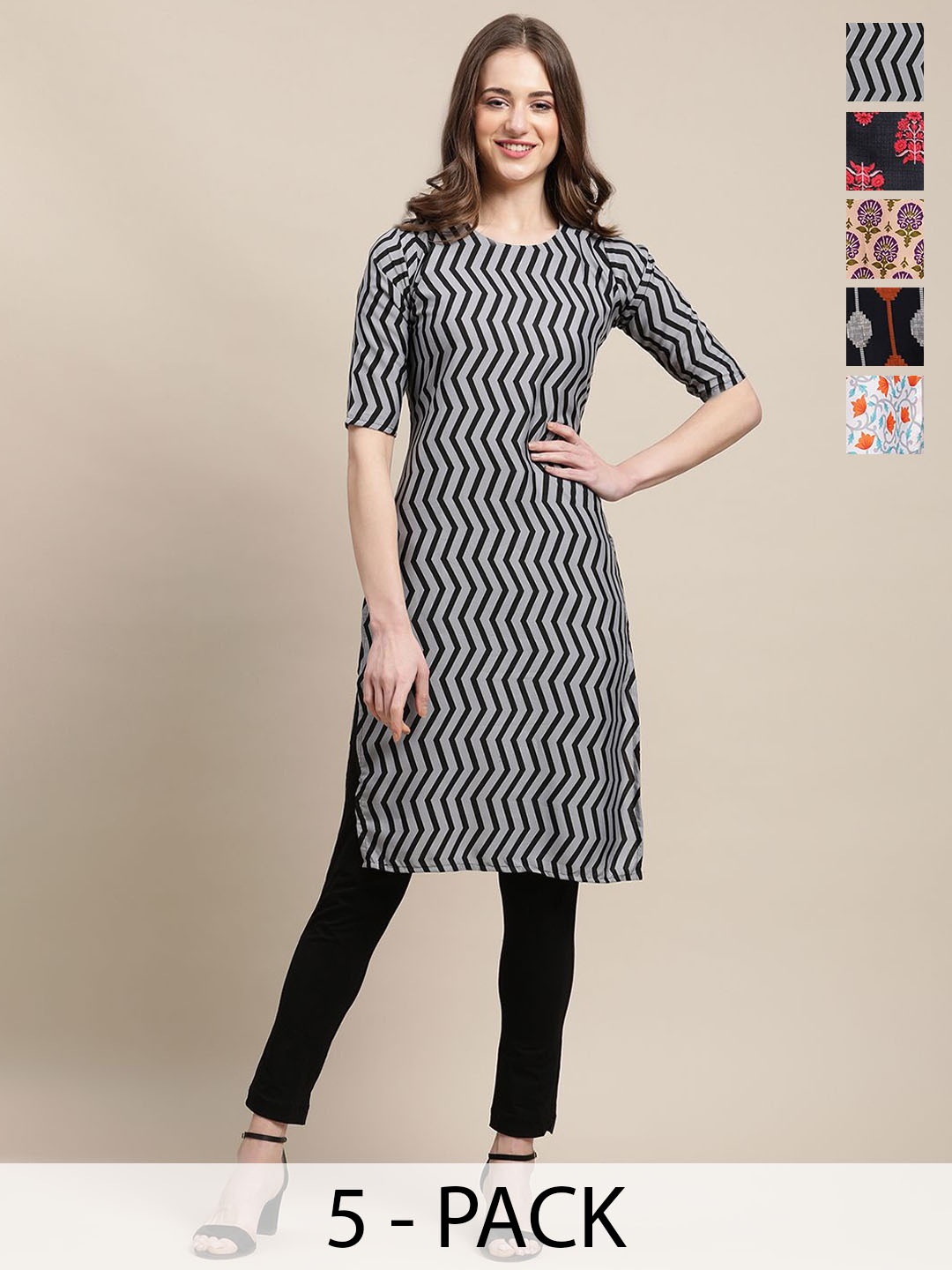 

7Threads Selection Of 5 Chevron Printed Round Neck Straight Kurtas, Black