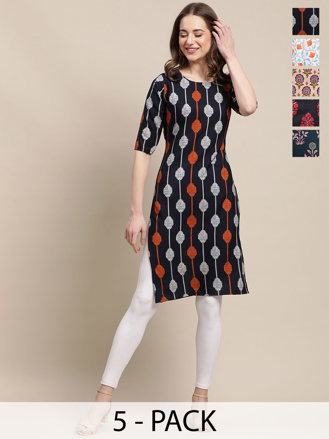 7Threads Selection Of 5 Ethnic Motifs Printed Kurta's, Black