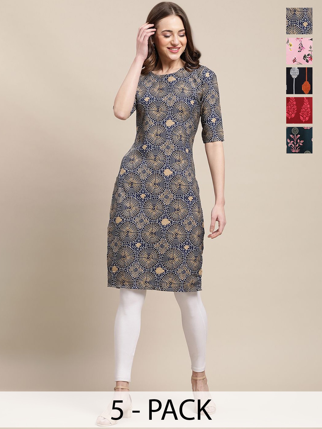 

7Threads Selection Of 5 Ethnic Motifs Printed Round Neck Crepe Straight Kurta, Navy blue