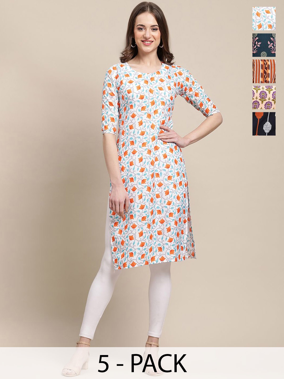 

7Threads Selection of 5 Floral & Geometric Printed Straight Kurtas, White
