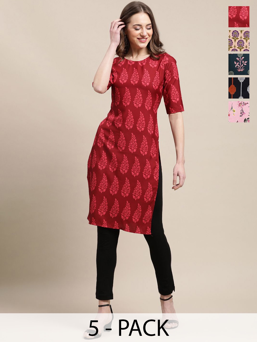

7Threads Selection Of 5 Floral Printed Round Neck Straight Kurta, Red