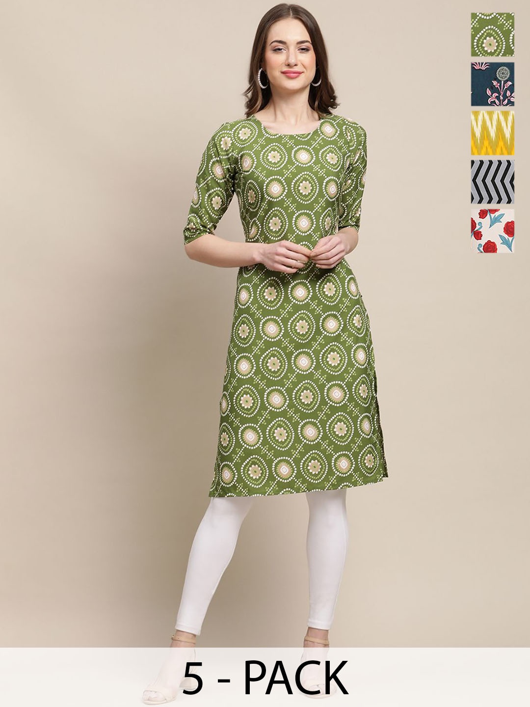 

7Threads Selection Of 5 Floral Printed Round Neck Kurta's, Green