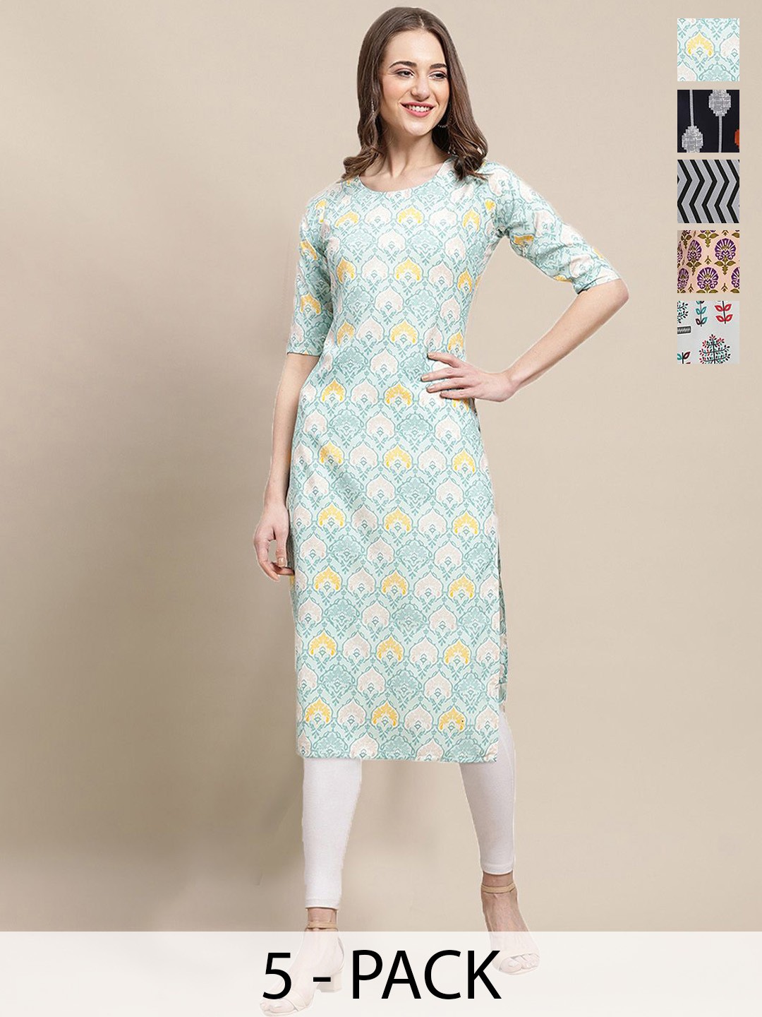 

7Threads Selection Of 5 Ethnic Motifs Printed Straight Crepe Kurta, Blue