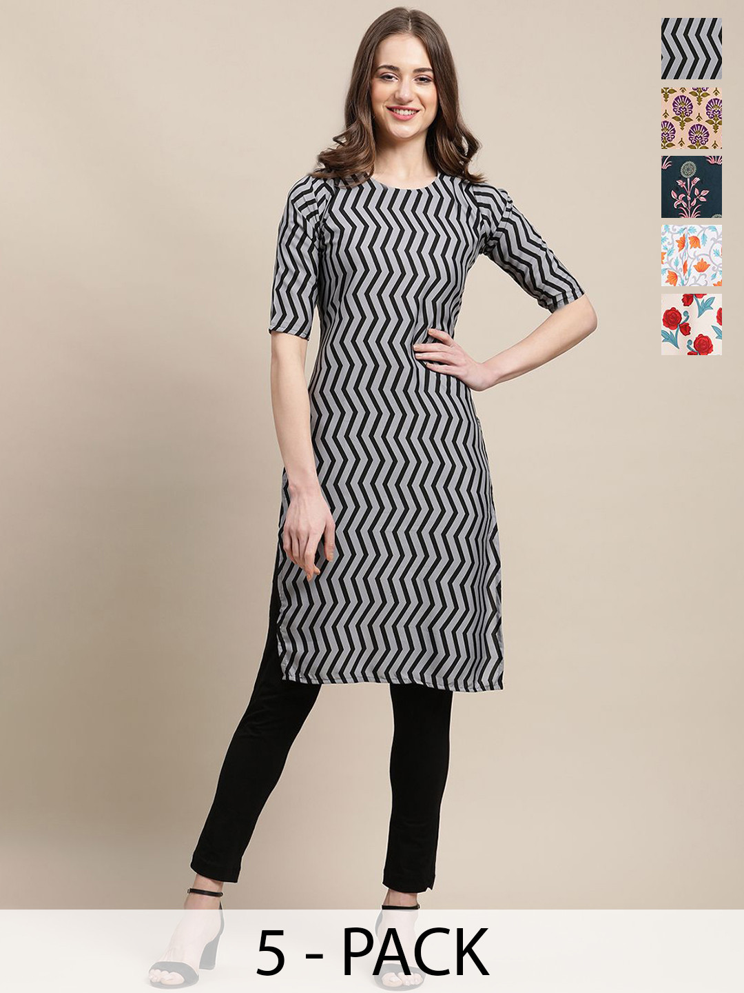 

7Threads Selection of 5 Geometric & Floral Printed Straight Kurtas, Grey
