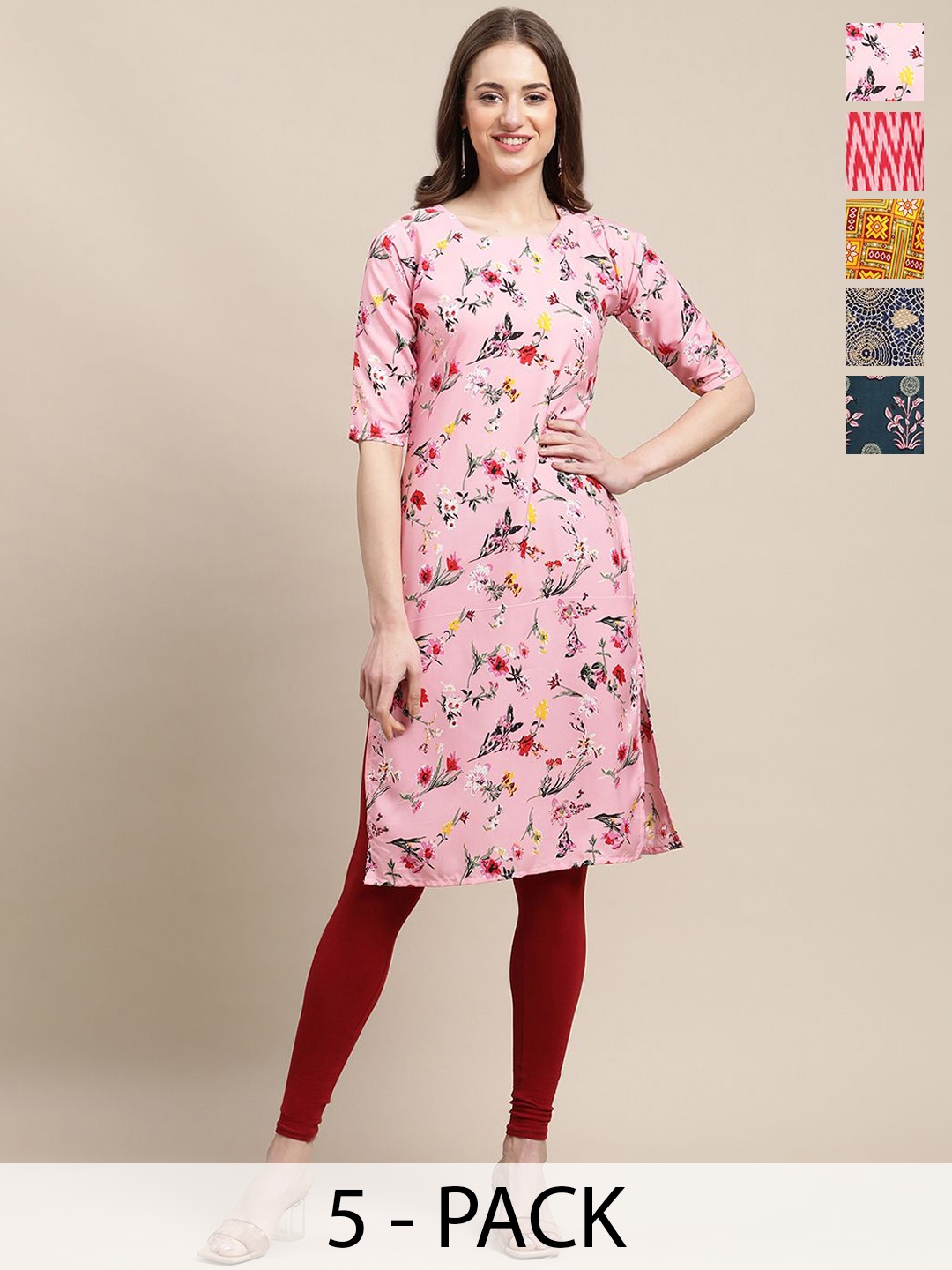 

7Threads Selection Of 5 Floral Printed Round Neck Crepe Straight Kurta, Pink