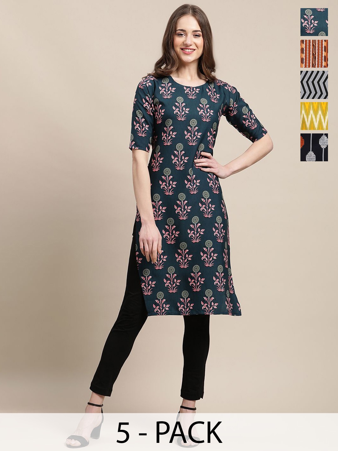 

7Threads Selection of 5 Floral Printed Crepe Straight Kurta, Teal